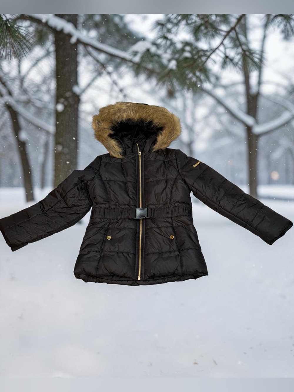 Kids Black Puffer Winter Jacket with Faux-Fur Hood Girls 7/8